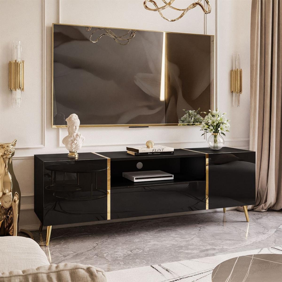 TV-ELEMENT ONYX AUF GOLDENEN BEINEN HOCHGLANZ 158 CM PUSH OPEN - Schwarz, Holzwerkstoff (158/53/41.3cm) - Lookway