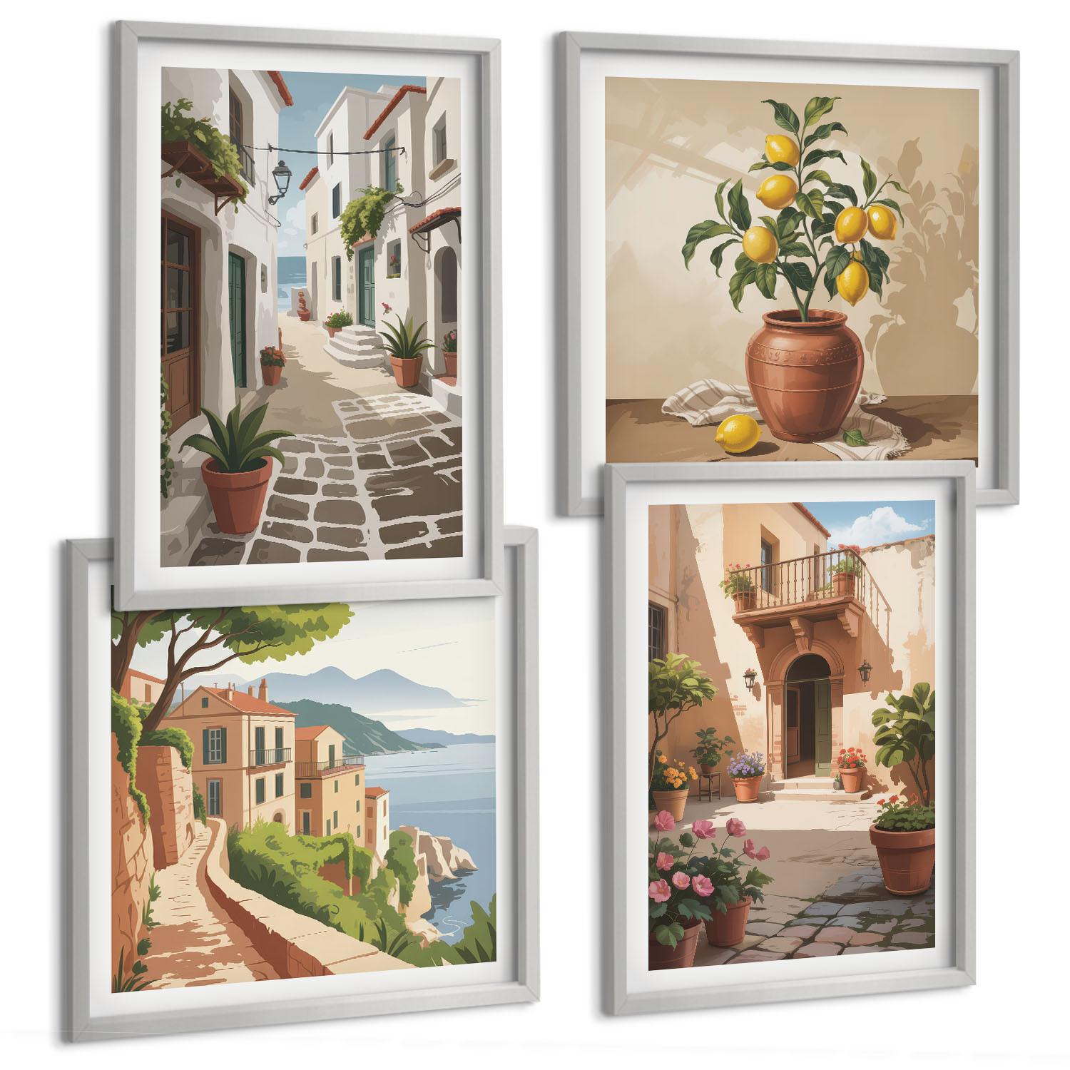 BILDER SET 4er Set - 50x50 cm & 40x60 cm Silberner Rahmen - Straßen, Häuser, Pflanzen, Töpfe - Silberfarben, Kunststoff (50/50cm) - TULUP