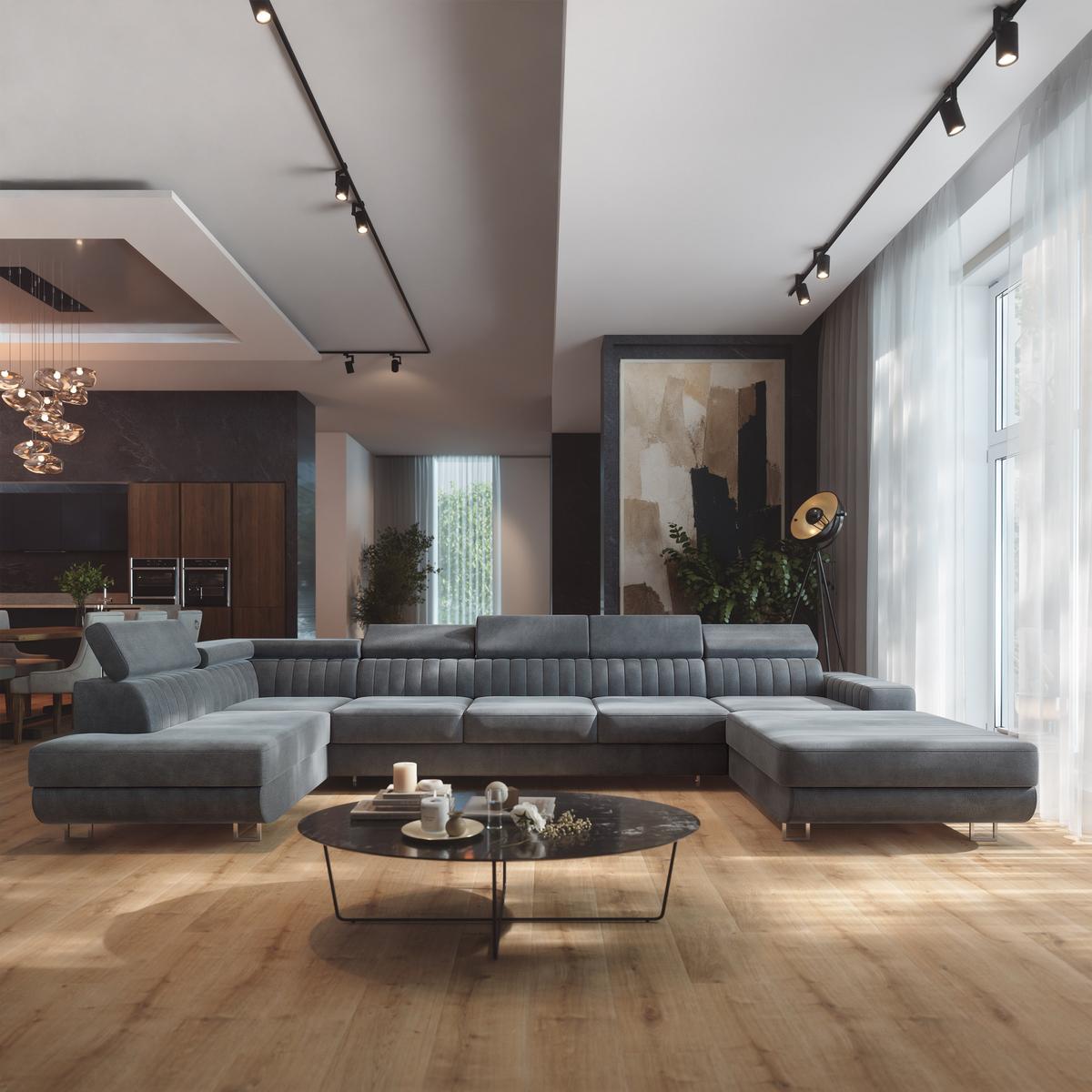 WOHNLANDSCHAFT GAIAN Grau Velours-Stoff mit Schlaffunktion - Grau, Holz (412/88/190cm) - MASSENO