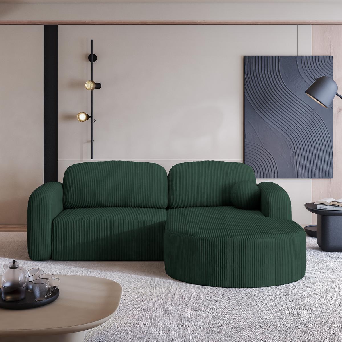 ECKSOFA AMILIA P R-S Grün Kordstoff mit Schlaffunktion - Grün, Holz (263/174cm) - MASSENO