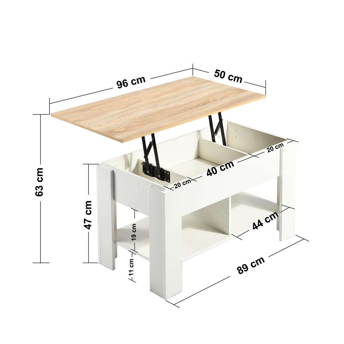 COUCHTISCH mit Lift-Top, Stauraum und Ablagefach, Weiß/Eiche - Goldfarben/Weiß, Holz (96/50/47cm) - Urban Meuble