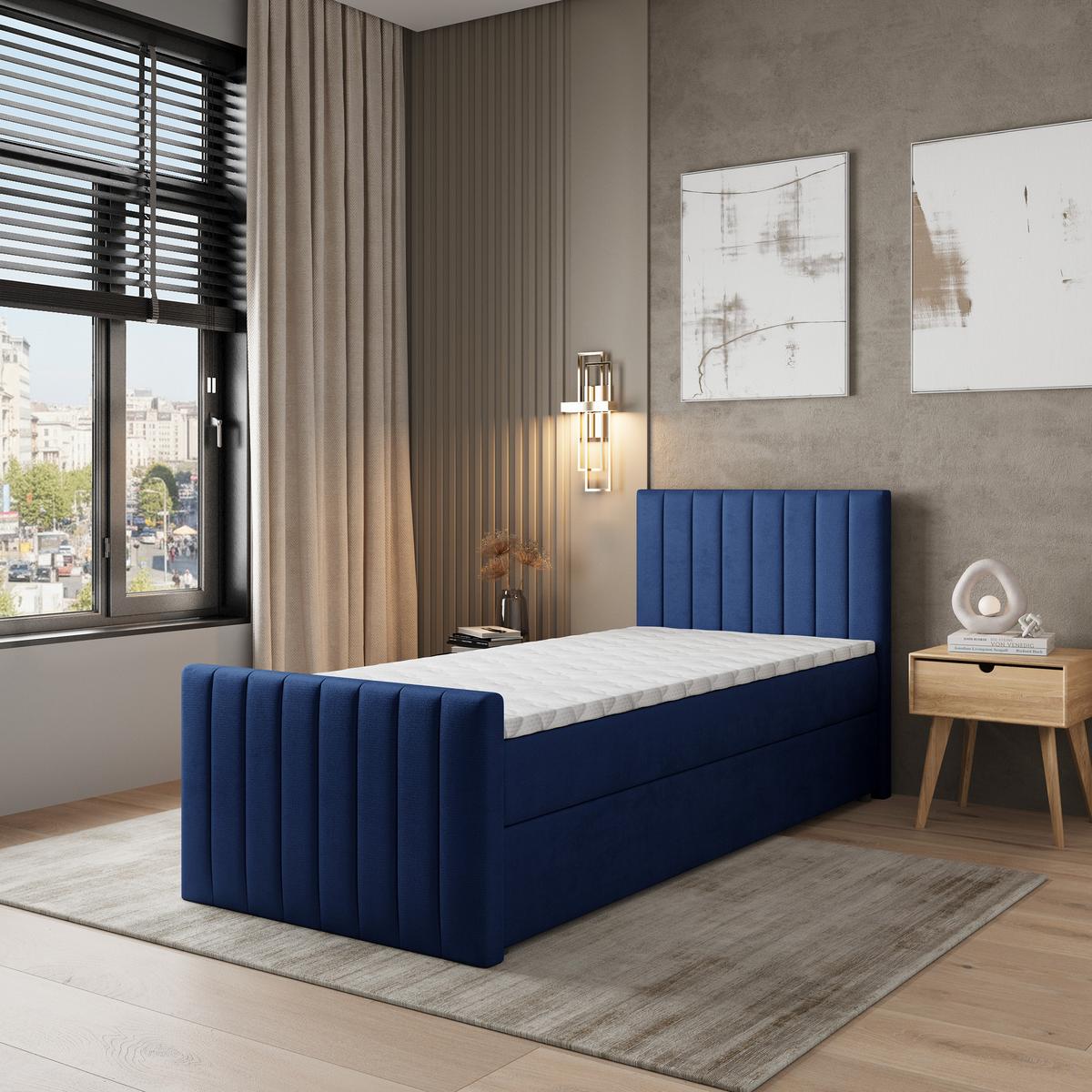 BOXBETT ARION 100 100x200 cm mit Matratze und Topper, H2+H3 - Blau - Blau, Holz (100/200cm) - MASSENO
