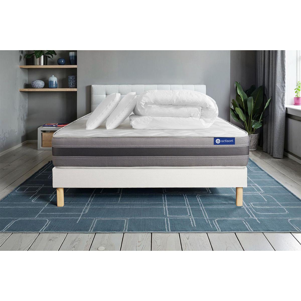BETT Actilatex relax Latex und Memory-Schaum 140 x 200 cm h2 - Kit Bettgestell Weiß - Mit Kissen und Bettdecke - Beige/Weiß, Karton/Holz (140/200cm) - ACTISOM