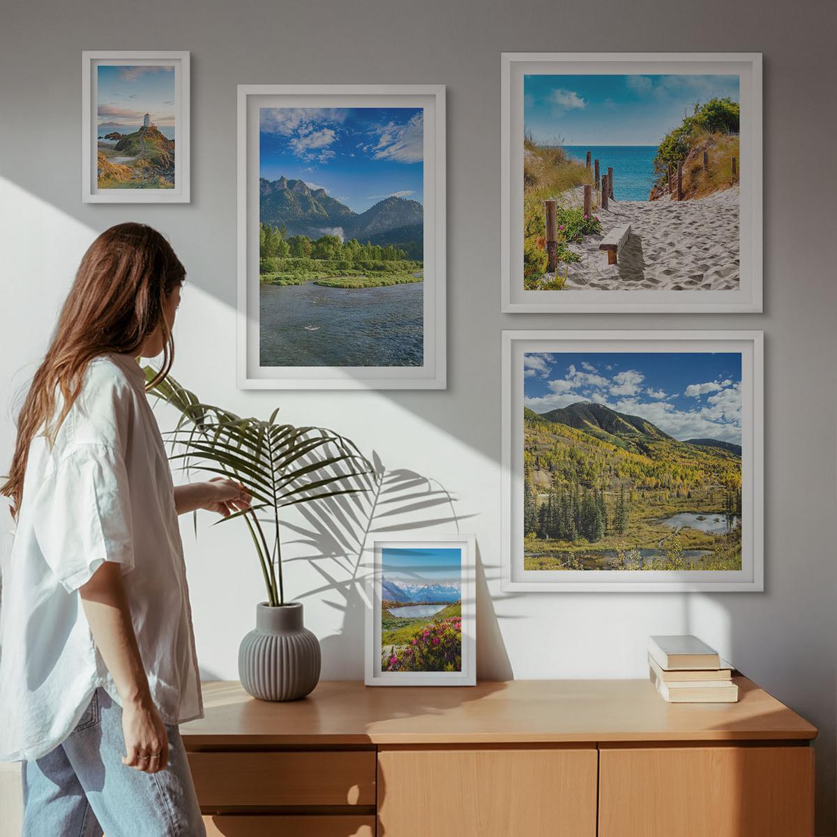 BILDER SET 5er Set - 50x50 cm & 20x30 cm & 40x60 cm Weißer Rahmen - See, Brücken, Berge - Weiß, Kunststoff (40/60cm) - TULUP