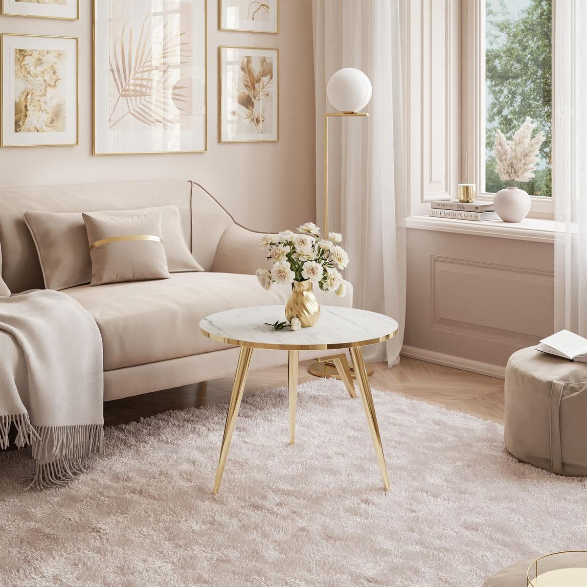 COUCHTISCH SOLEIL GOLD Weiß Marmor, 50cm - Weiß, Holzwerkstoff (70/50/47cm) - Lookway