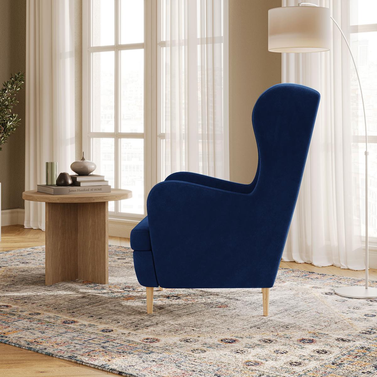 SESSEL VOGERA Ohrensessel Polstersessel, Blau - Blau/Eichefarben, Holzwerkstoff (78/103/85cm) - MASSENO
