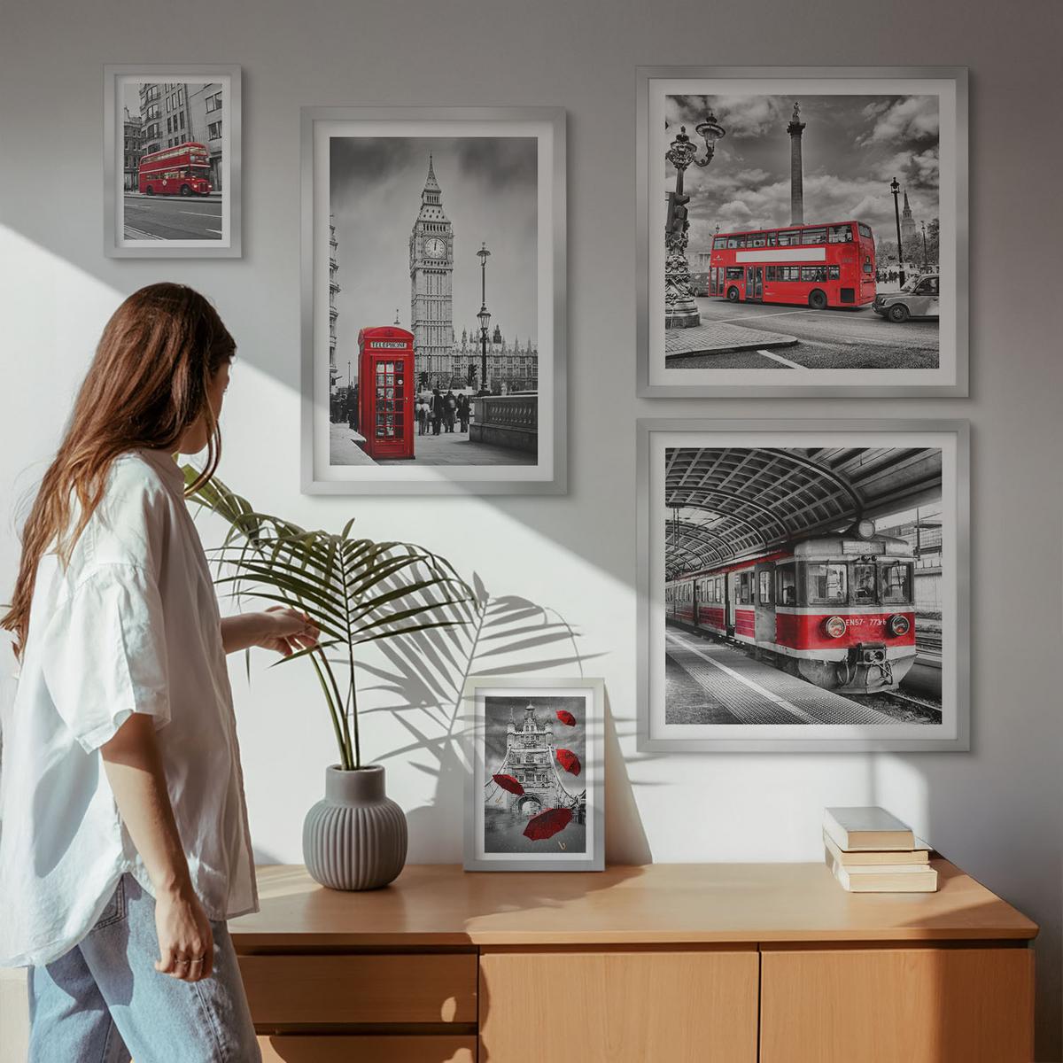 BILDER SET 5er Set - 50x50 cm & 20x30 cm & 40x60 cm Silberner Rahmen - Tropischer Wald Papageienwasserfall - Silberfarben, Kunststoff (40/60cm) - TULUP