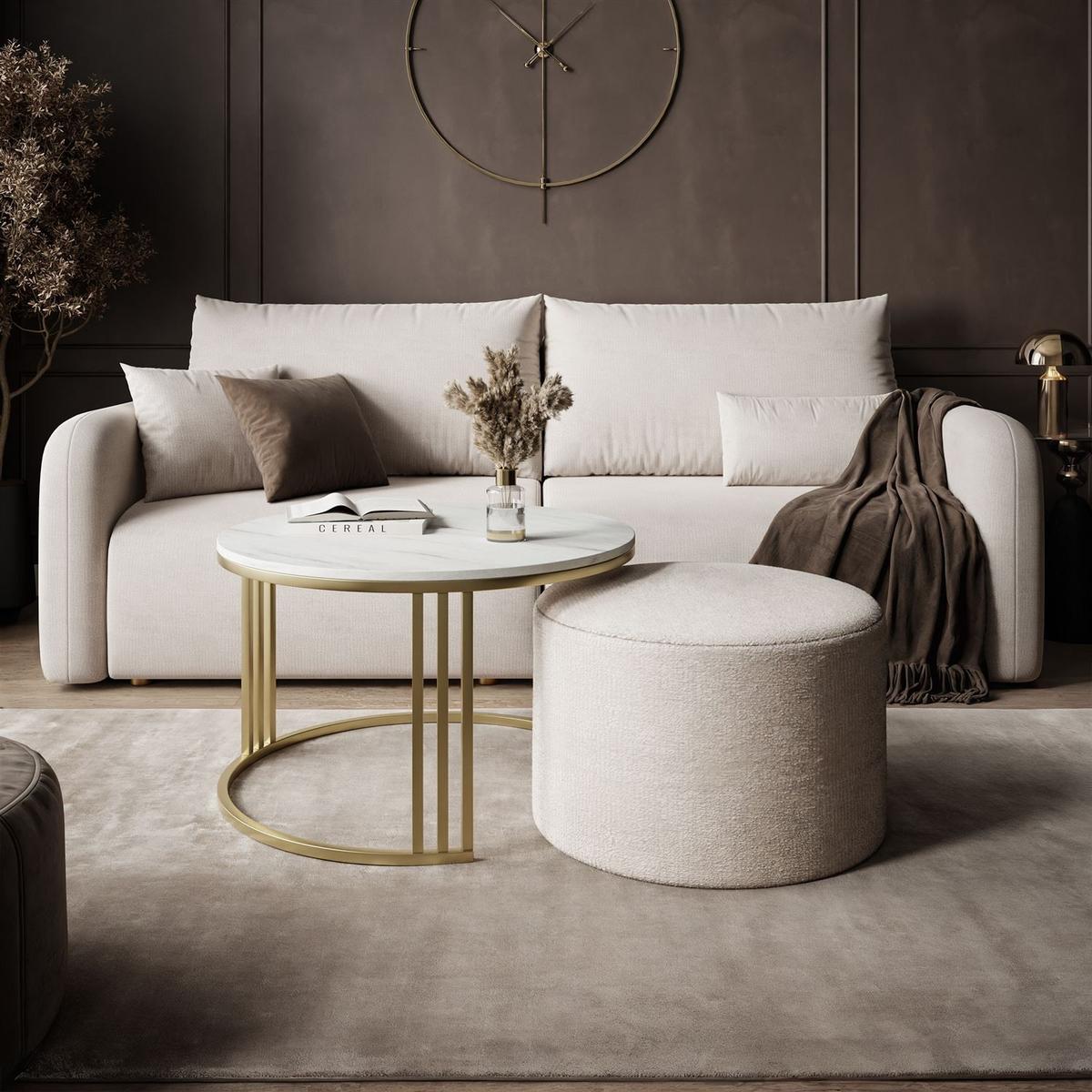 COUCHTISCH mit Hocker LORI MAT gebürstetes Gold/Marmor Levanto/Perfect Harmony 01 - Weiß, Metall (70/70/49cm) - Lookway