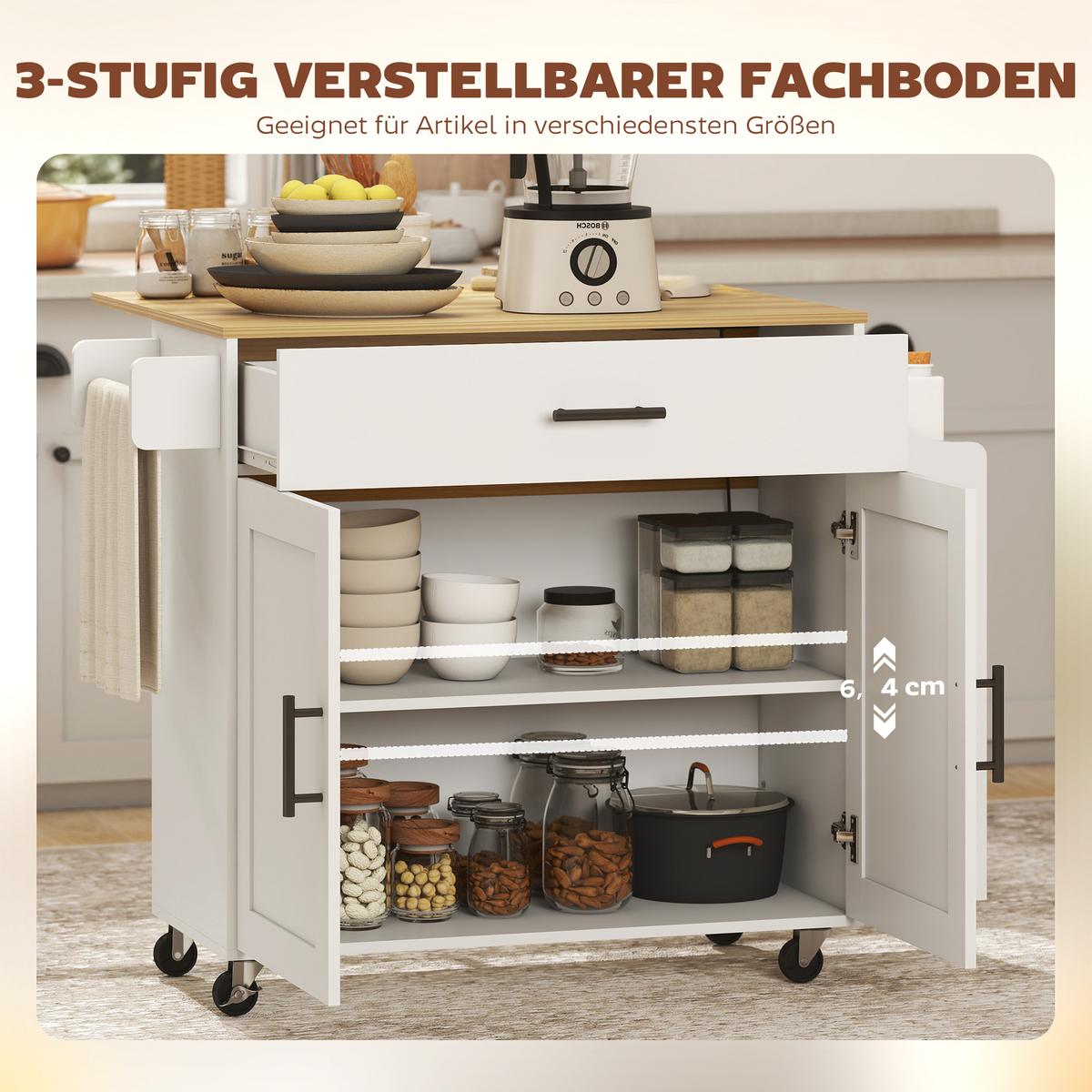 KÜCHENINSEL Küchenwagen auf Rollen mit abklappbarer Arbeitsplatte Ablage Weiß - Schwarz/Weiß, Holzwerkstoff (68/85/120cm) - HOMCOM