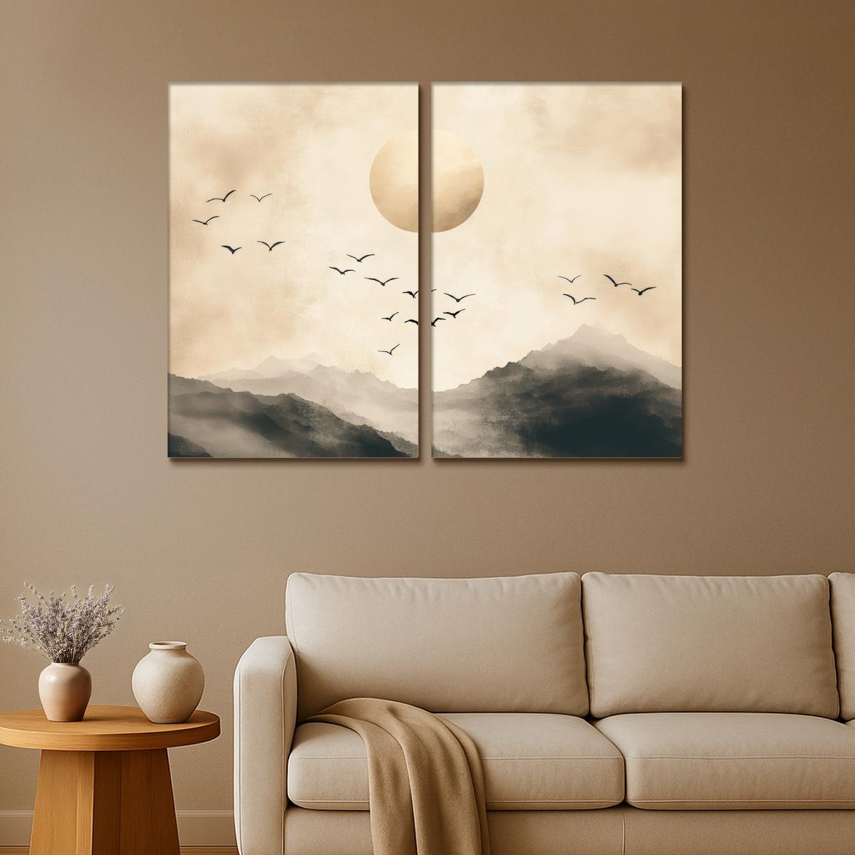 LEINWANDBILD 2er Set Landschaft - Japandi - Beige - Vögel 120x90 cm - Beige, Textil (120/90cm) - MuchoWow