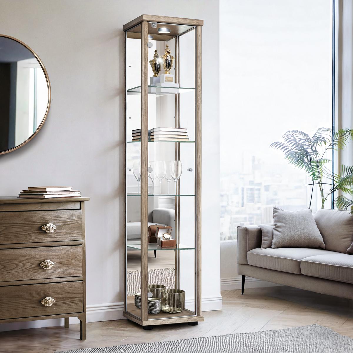 GLASVITRINE 33/37/176 cm mit Spiegel, LED, Schloss & 4 höhenverstellbaren Glasböden - Transparent/Silberfarben, Glas/Holzwerkstoff (37/176/33cm) - K-Möbel