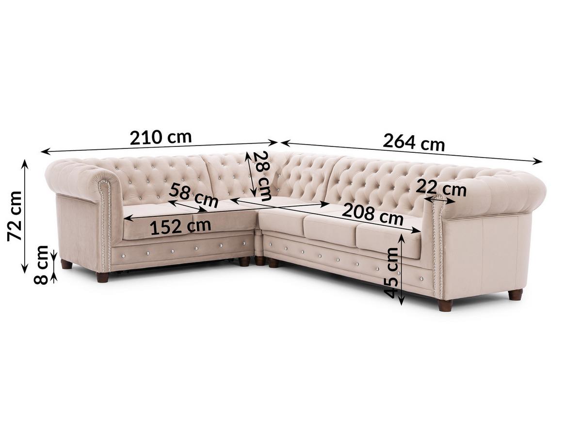 ECKSOFA mit Schlaffunktion Chesterfield Beige Samt mit Kristallsteppung und braunen Massivholzfüßen - Ottomane Links - Beige/Braun, Holz/Textil (264/210cm) - S-Style