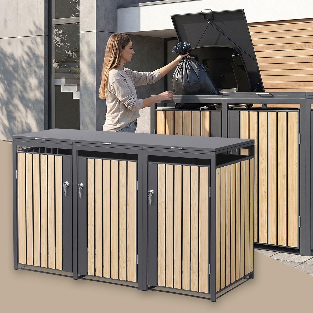 MÜLLTONNENBOX 3er Anthrazit-Holzoptik - Naturfarben, Metall (200/120/80cm) - ML-DESIGN