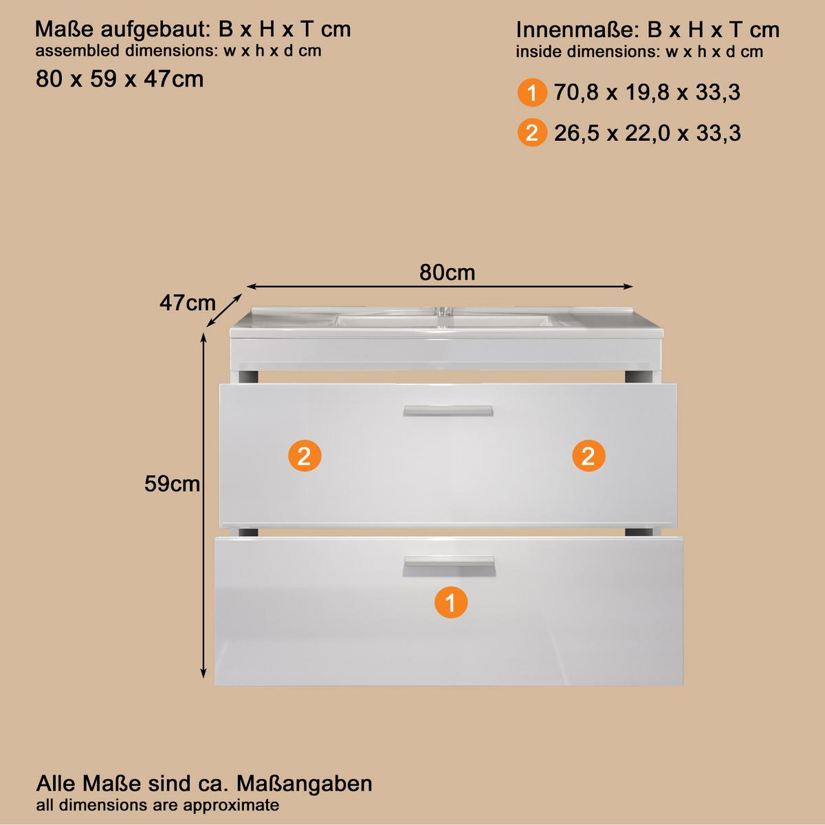 WASCHBECKENUNTERSCHRANK mit Waschbecken weiß Hochglanz, Waschtisch hängend 81 x 59 cm - Weiß Hochglanz/Silberfarben, Holzwerkstoff/Kunststoff (81/59/47cm) - Top.Furn