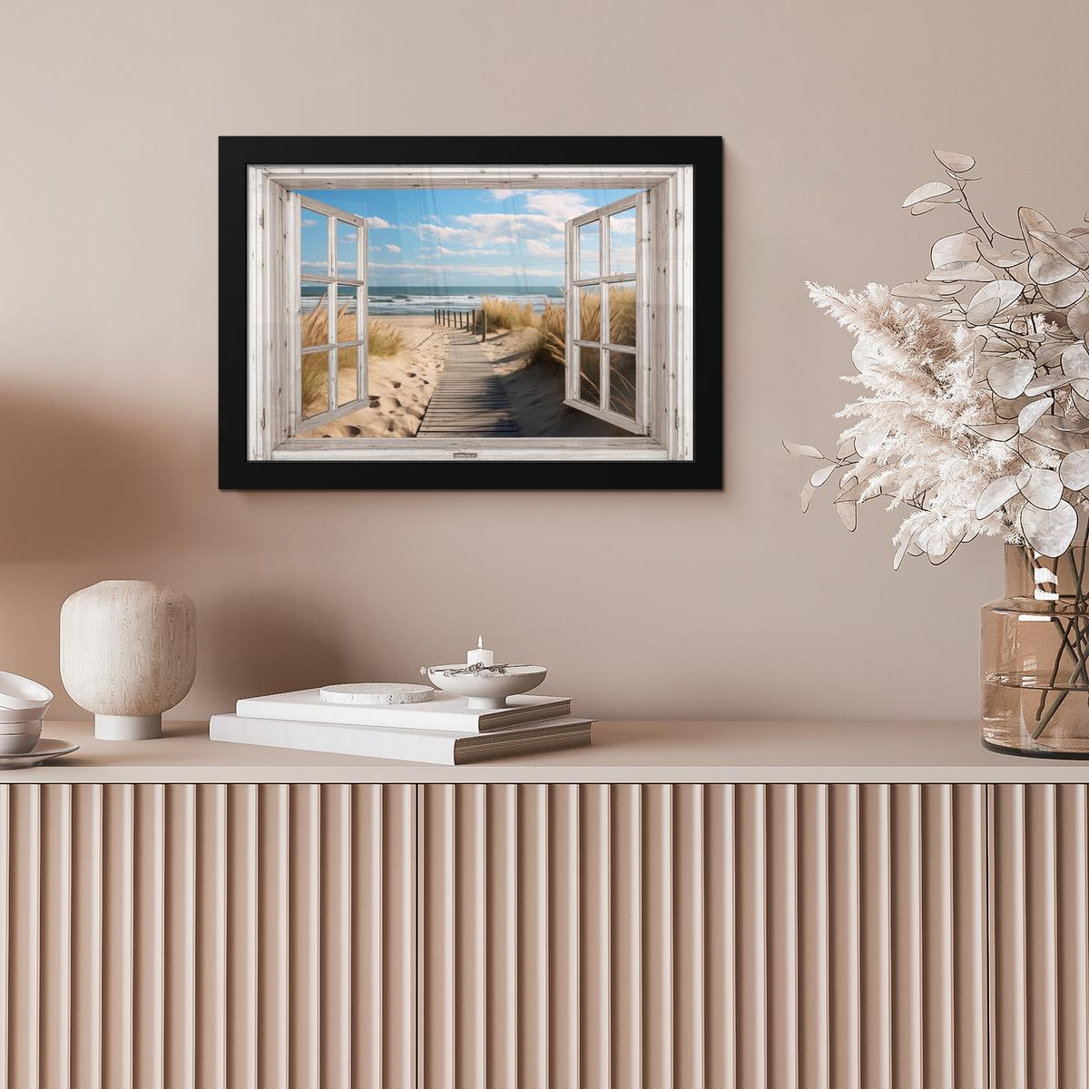 POSTER MIT RAHMENGERAHMTES BILD Fenster - Meer - Küste - Natur - Ausblick - Strand - Wattenmeer 30x20 cm - Beige, Papier (30/20cm) - MuchoWow