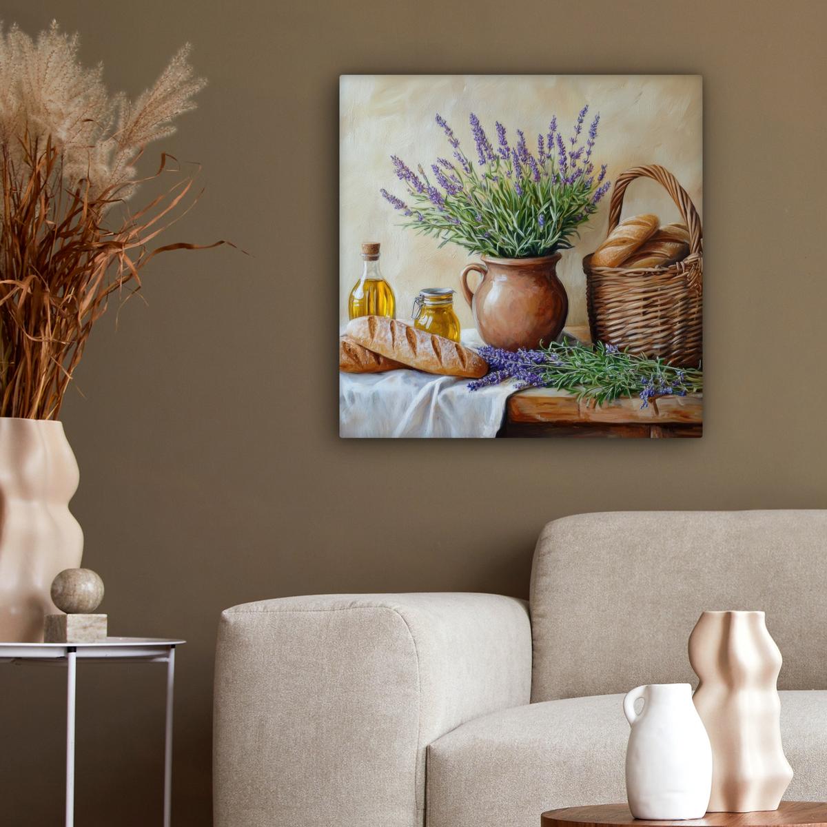 LEINWANDBILD Lavendel - Brot - Stilleben Wandbild Wohnzimmer 50x50 cm - Flieder, Textil (50/50cm) - MuchoWow