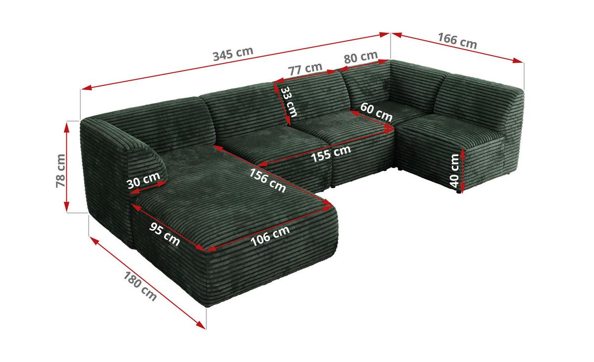 WOHNLANDSCHAFT MODARO U 5M - Grün Cord - Links - Dunkelgrün/Schwarz, Textil (180/78/345cm) - MKS