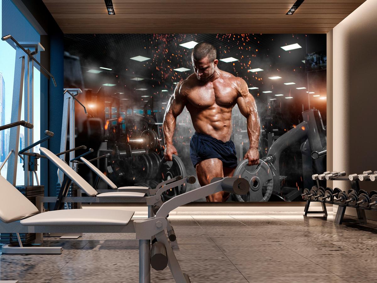 FOTOTAPETE Muskulöser Mann Gym Fitnessstudio Sport 350x256 - Beige/Schwarz, Papier (350/256cm) - Muralo