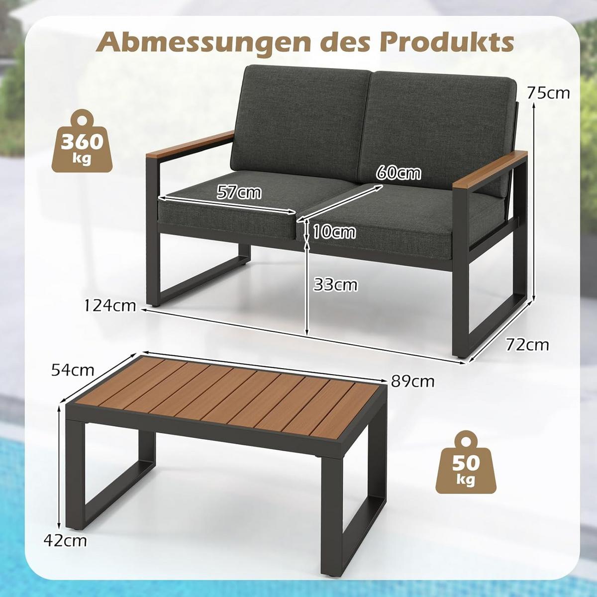 GARTENMÖBEL Set Grau(4-teilig) - Grau, Metall - COSTWAY