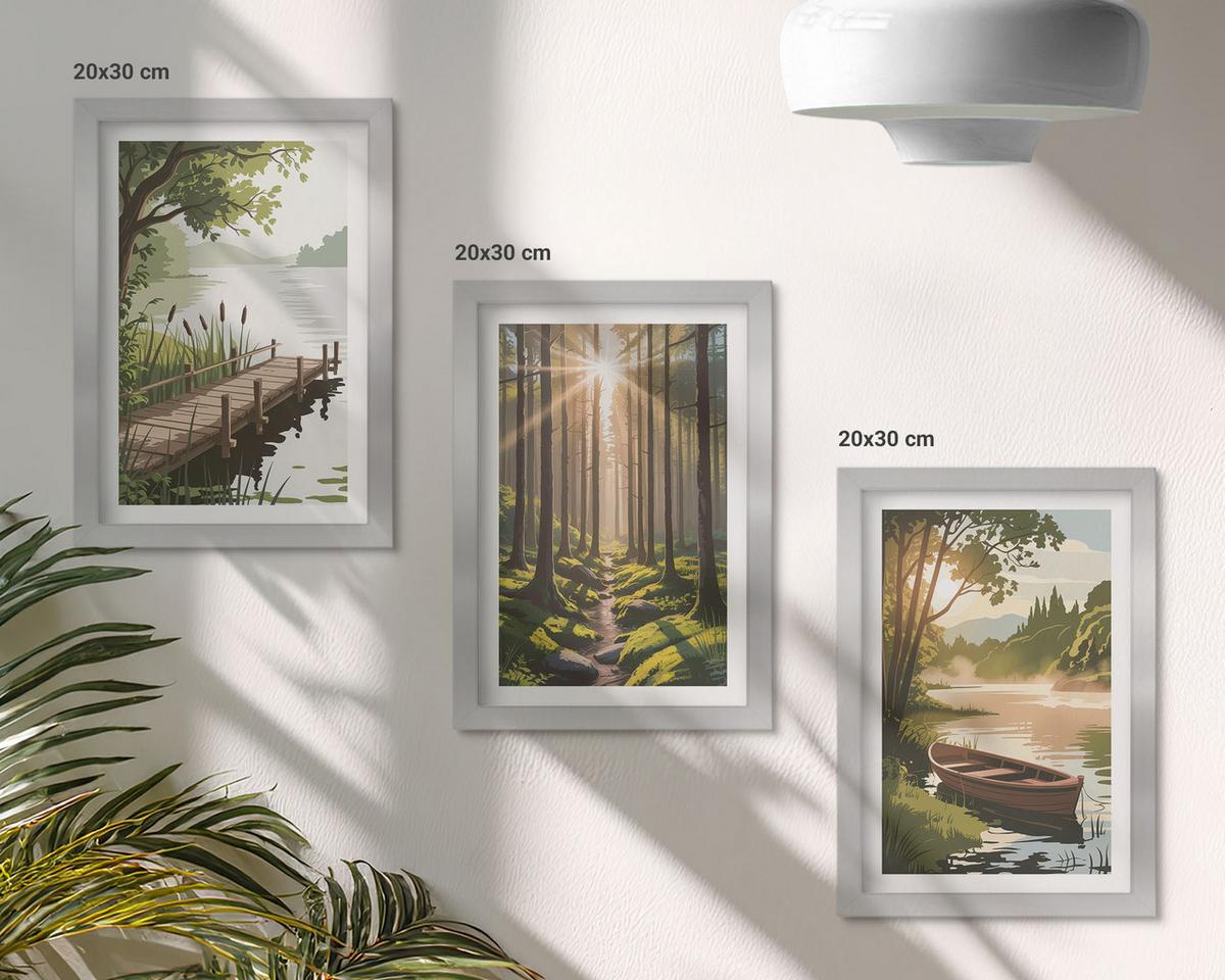 BILDER SET 3er Set - 20x30 cm Silberner Rahmen - Landschaft aus Wald, See und Boot - Silberfarben, Kunststoff (20/30cm) - TULUP