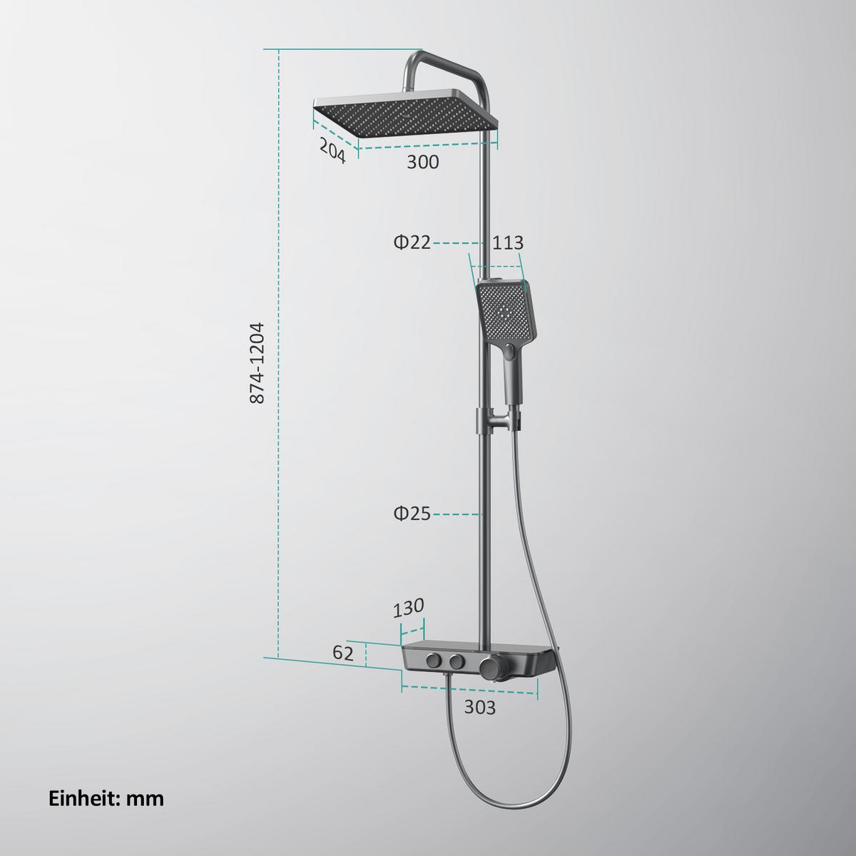 ÜBERKOPFBRAUSESET mit Armatur Thermostat Ablage Anthrazit 114,2/30,3/46 cm - Anthrazit, Metall (36/106.6/48.7cm) - EMKE