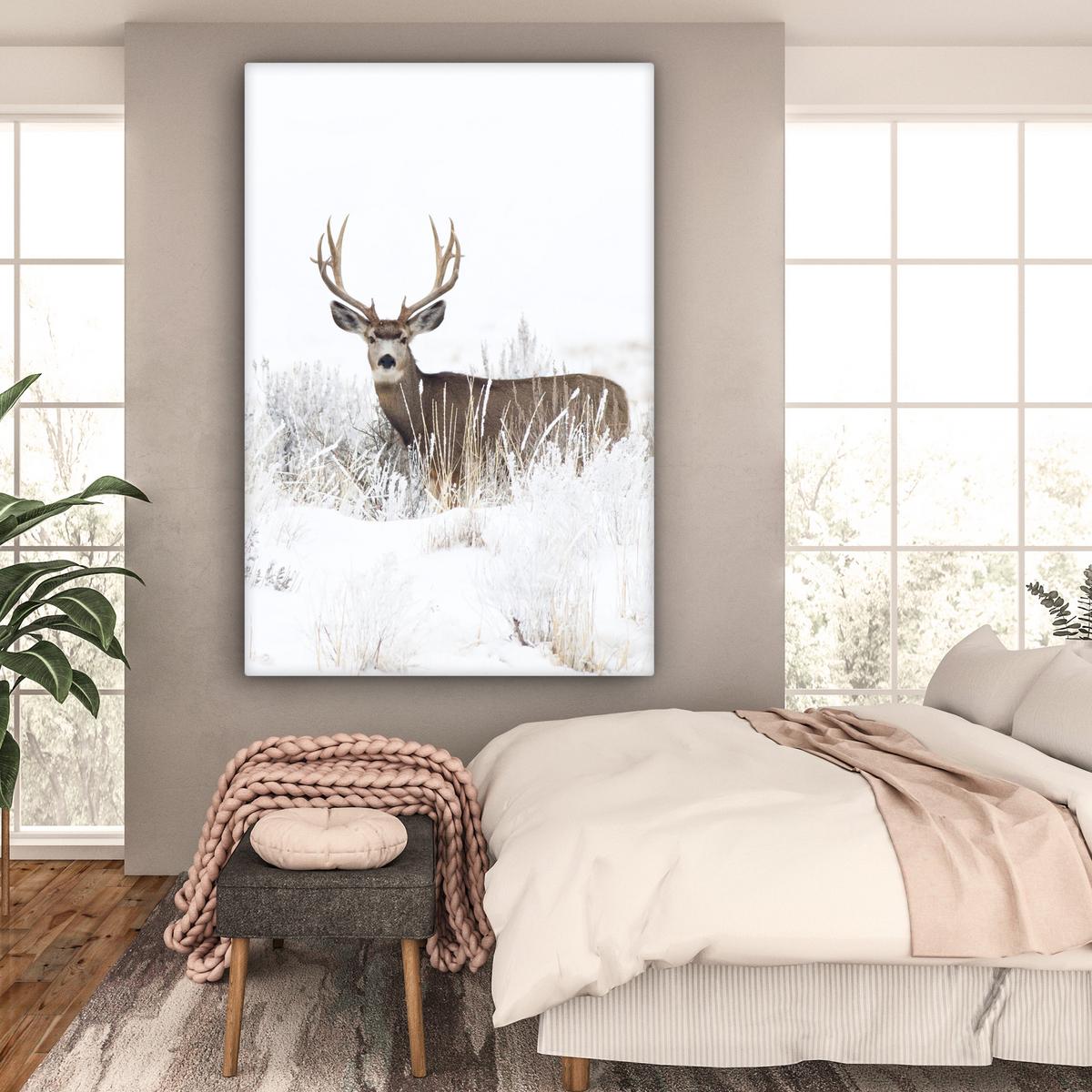 LEINWANDBILD Hirsche - Winter - Schnee - Tiere - Jahreszeiten - Weiß Deko Groß 90x140 cm - Hellbraun, Textil (90/140cm) - MuchoWow