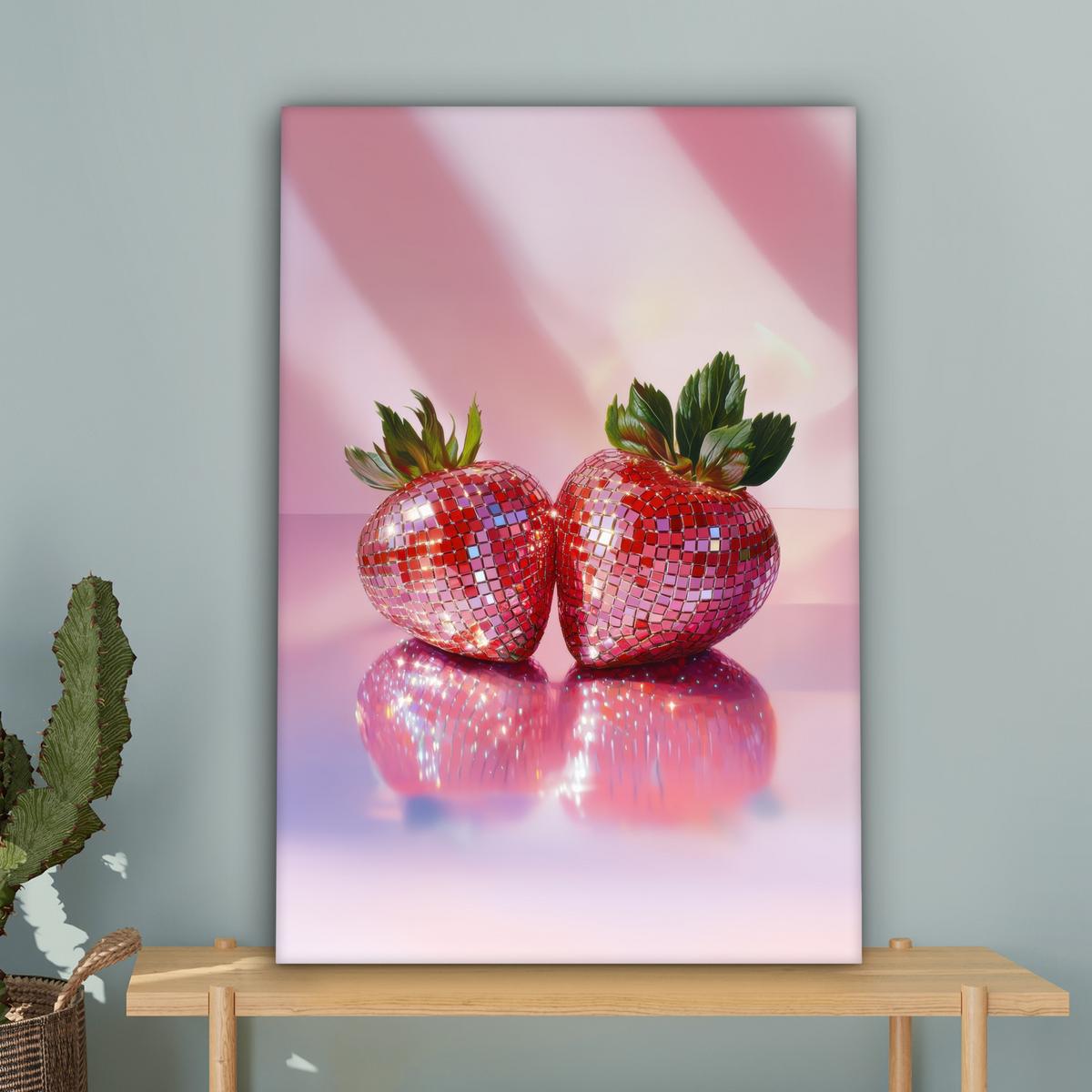 LEINWANDBILD Disco - Obst - Glitzer - Erdbeere Wanddeko Schlafzimmer 60x90 cm - Pink, Textil (60/90cm) - MuchoWow