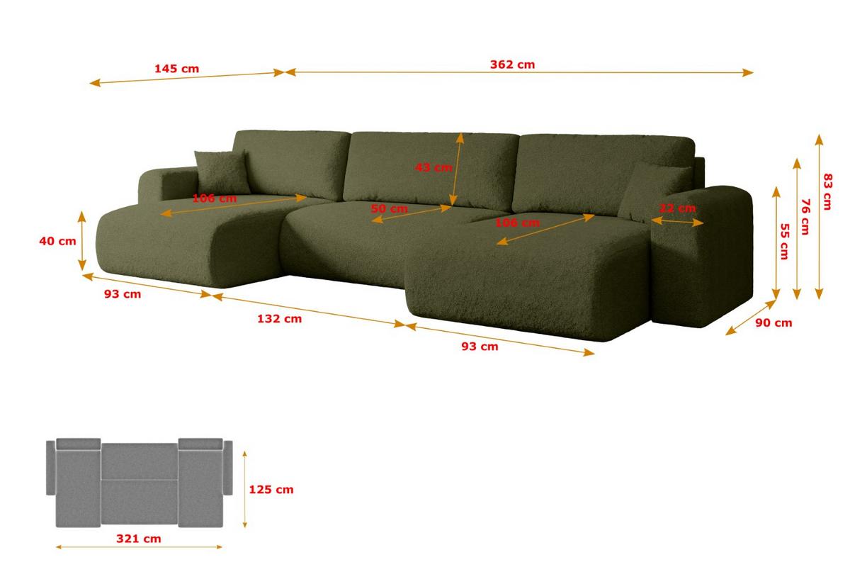 WOHNLANDSCHAFT mit Schlaffunktion und Bettkasten ORRO-U - 362x145x83 cm Grün Bouclé - Schwarz/Grün, Holzwerkstoff/Kunststoff (362/83/145cm) - ALTDECOR