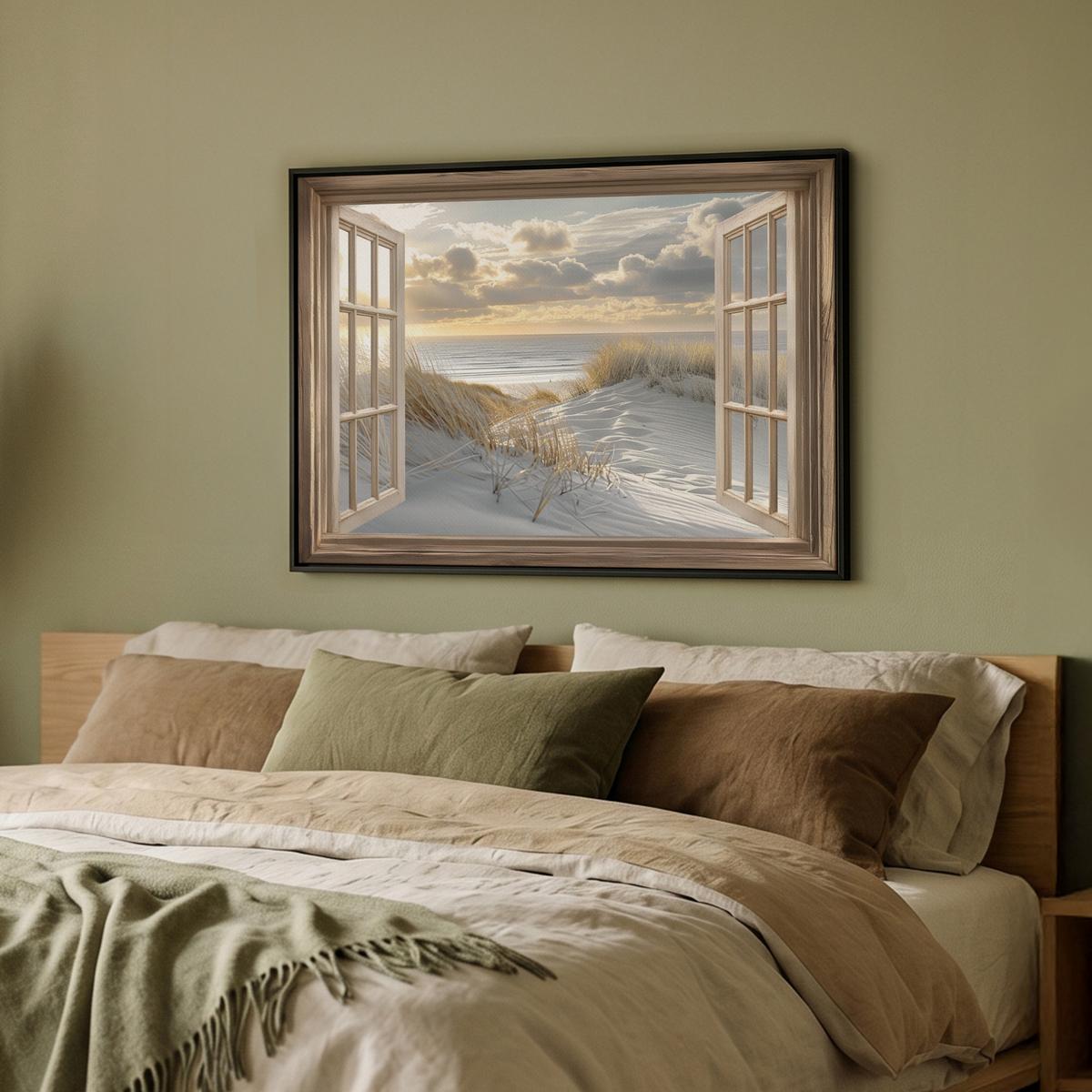 LEINWAND Bilder mit Rahmen - Ausblick - Strand - Dünen - Meer - Natur - 70x50 - Sandfarben, Textil (70/50cm) - MuchoWow