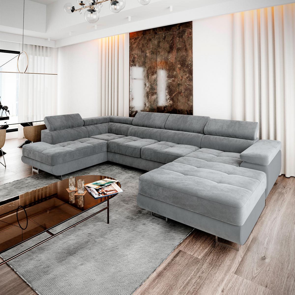 WOHNLANDSCHAFT CASONE L-S Hellgrau Velours-Stoff mit Schlaffunktion - Silberfarben/Hellgrau, Holz/Textil (345/90/202cm) - MASSENO