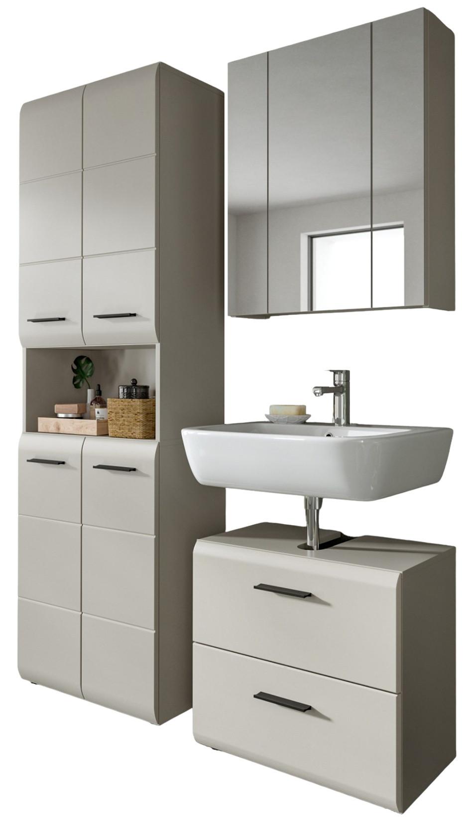 BADMÖBEL-SET Kaschmir 3-teilig 135 cm, Komplettset mit XL Hochschrank - Kaschmir/Schwarz, Glas/Holzwerkstoff (135/185/30cm) - Inn.Furn