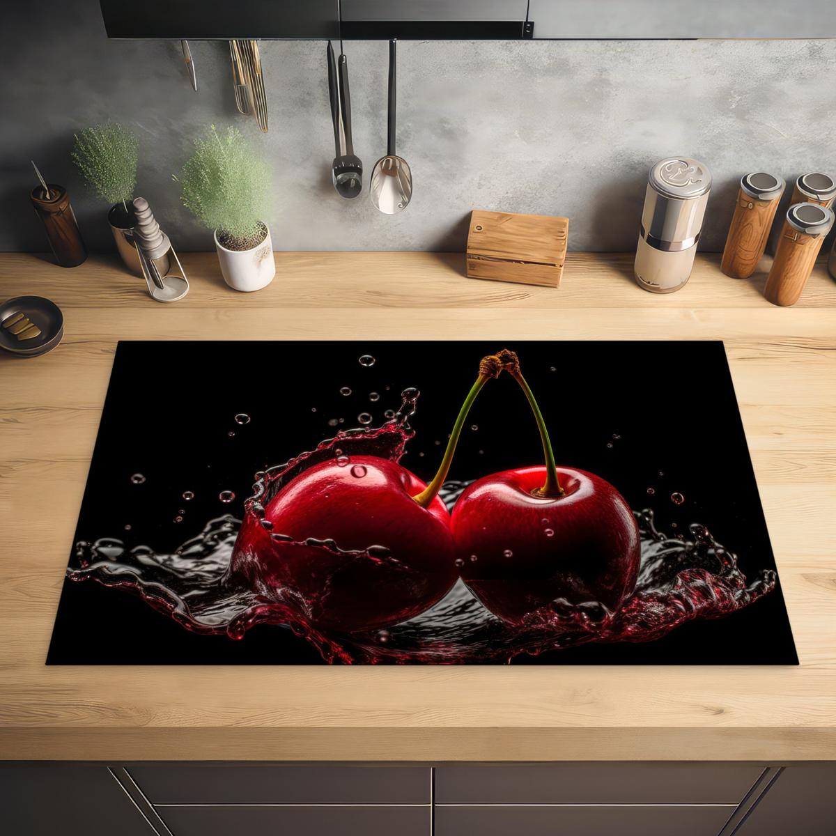 HERDABDECKPLATTE Kirsche - Rot - Frucht - Wasser - Schwarz Induktionsmatte 83x51 cm - Kirschrot, Kunststoff (83/51.5/0.2cm) - MuchoWow