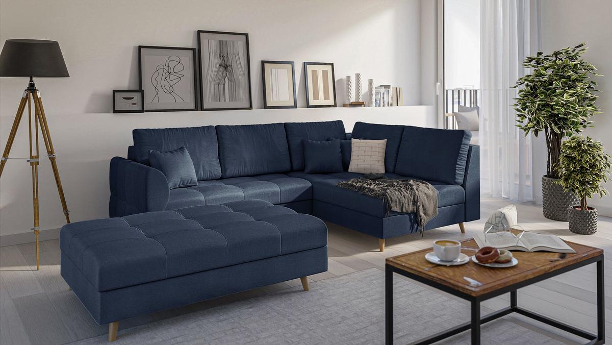 ECKSOFA MIT HOCKER Lorine Mikrofaser Dunkelblau - Hellbraun/Dunkelblau, Buchenholz/Textil (231/161cm) - S-Style Möbel