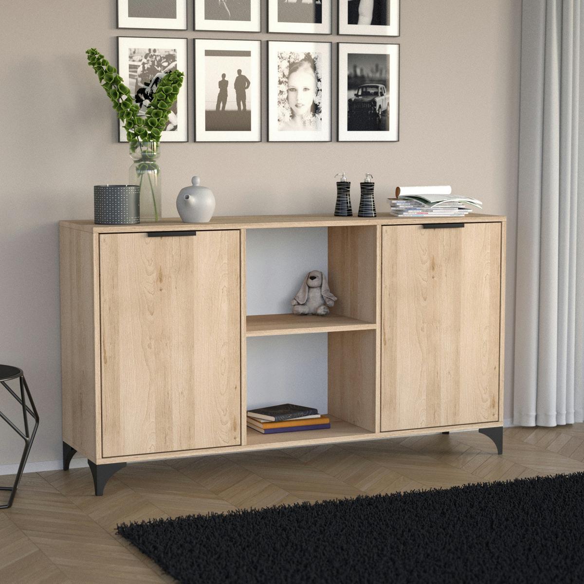 KOMMODE Home mit 2 Türen, mit Griffen, eiche Artisan - Schwarz/Eiche Artisan, Holzwerkstoff (150/85/40cm) - Beautysofa