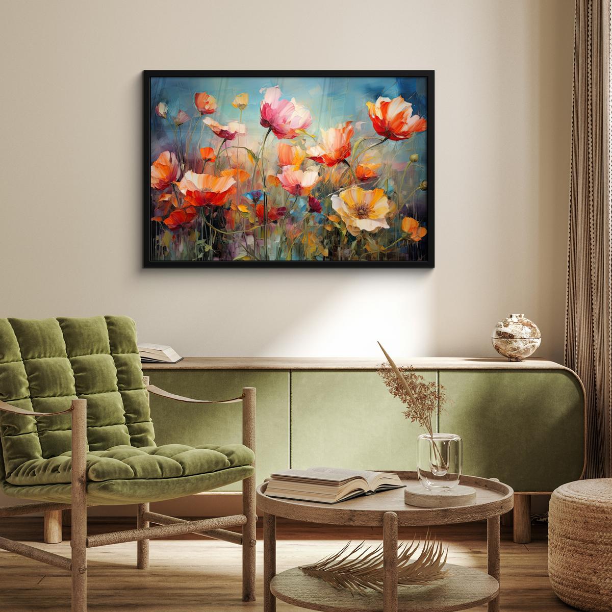 POSTER MIT RAHMENGERAHMTES BILD Blumen - Aquarell - Kunst - Botanisch - Natur 90x60 cm - Orange, Papier (90/60cm) - MuchoWow