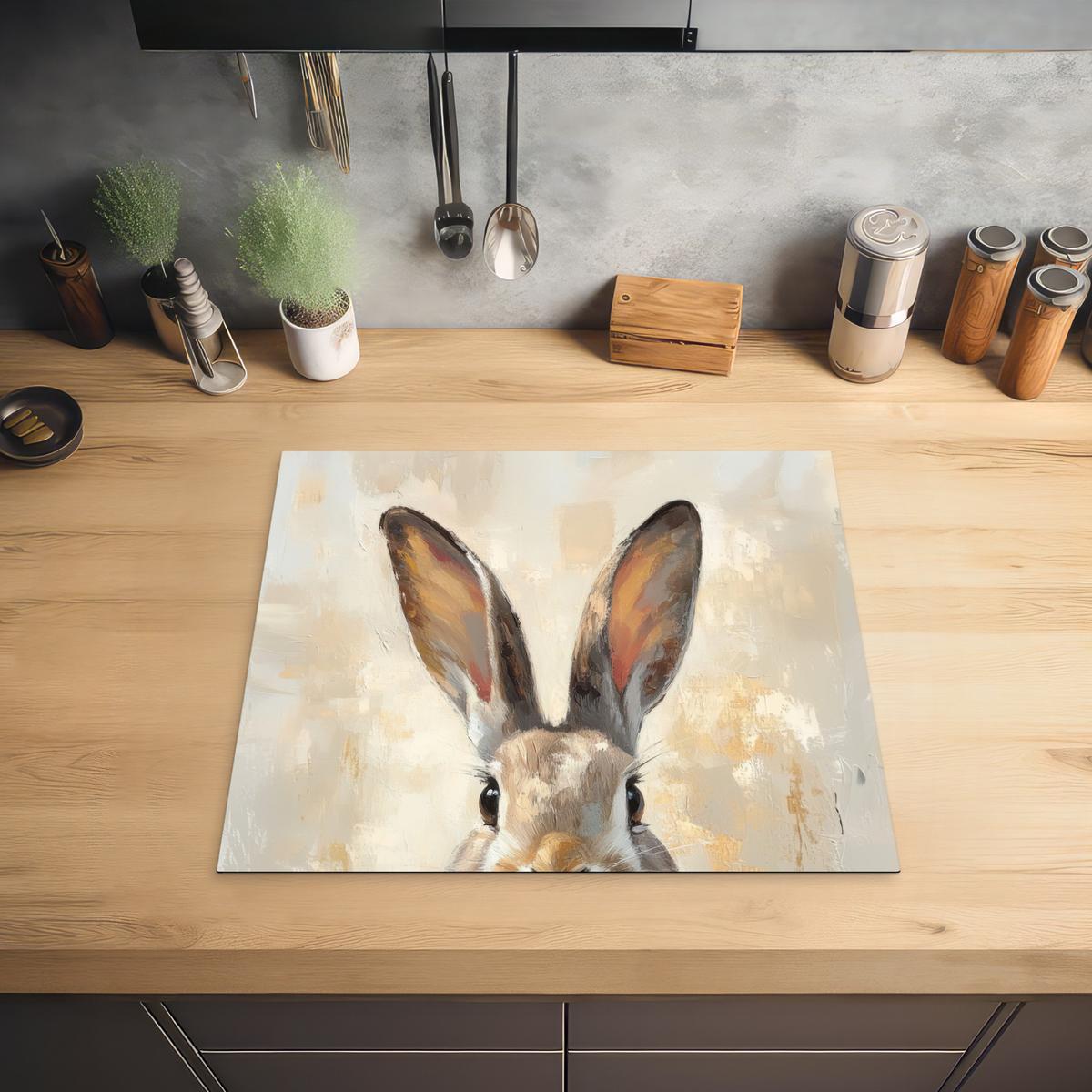 HERDABDECKPLATTE Hase - Ohren - Braun Ceranfeldabdeckung 59x52 cm - Beige, Kunststoff (59/52/0.2cm) - MuchoWow