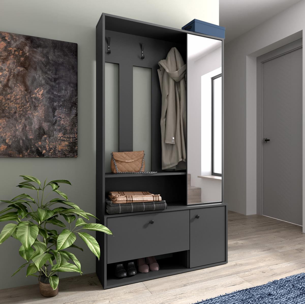 GARDEROBENSCHRANK Tokessa Graphit 100/191/33 cm - Modern mit Spiegel und Schuhschrank - Grau, Holzwerkstoff/Kunststoff (100/191/33cm) - AX Living
