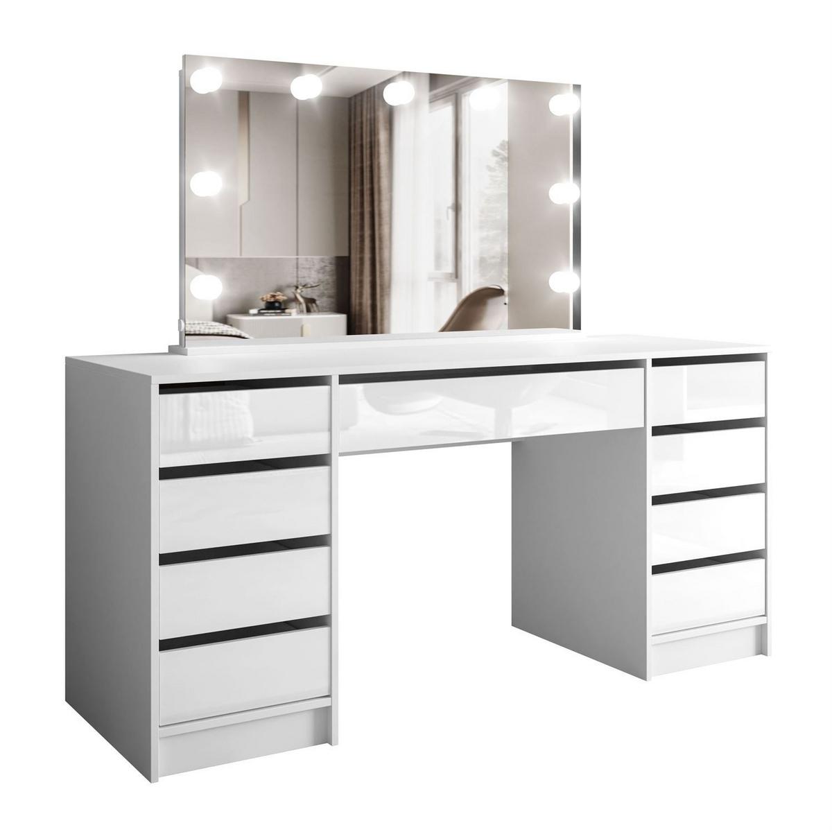 SCHMINKTISCH MADA DOUBLE ELITE mit Spiegel und Beleuchtung, Weiß hochglanz - Weiß, Holzwerkstoff (157/75/55cm) - Lookway