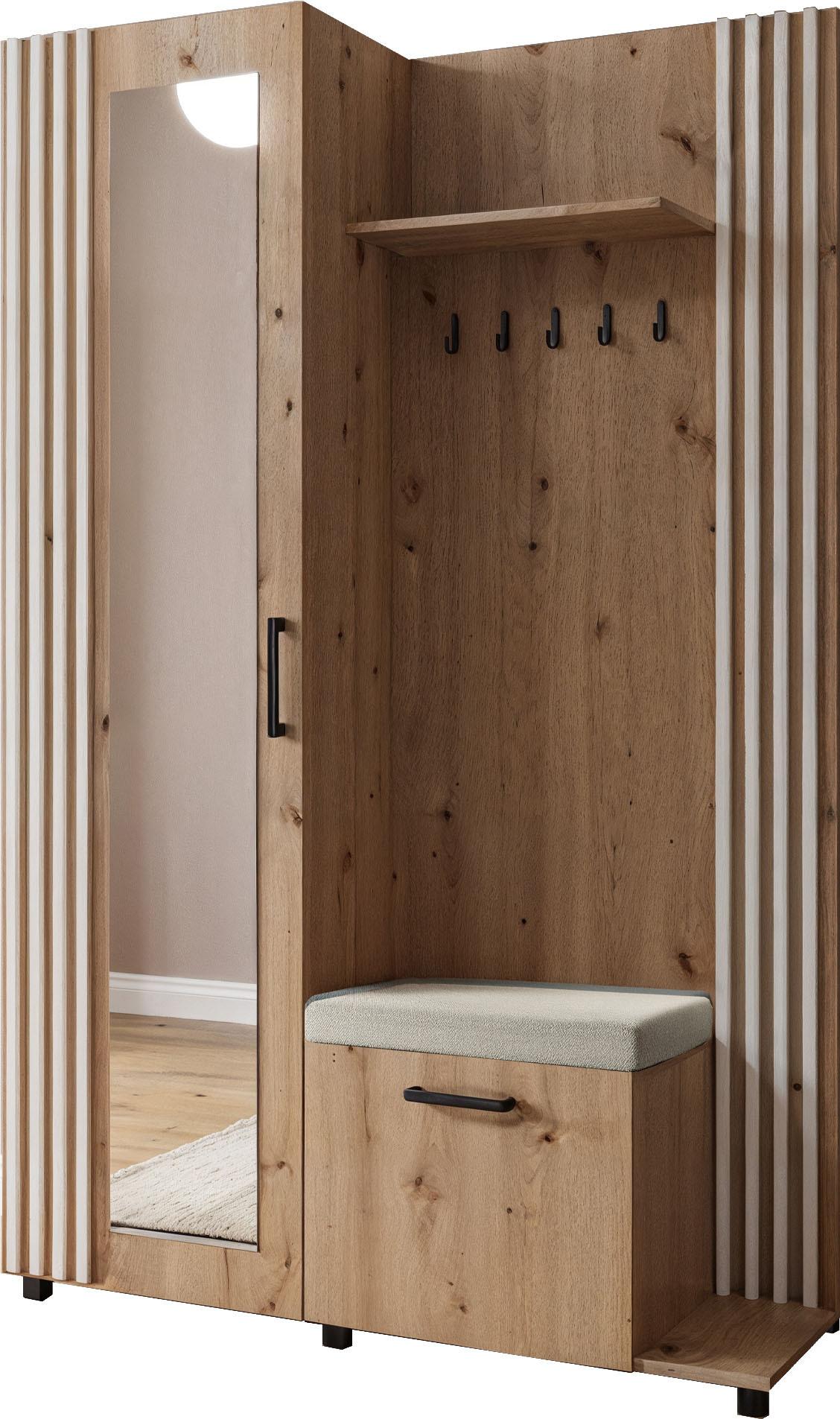 GARDEROBE Linaro mit Spiegel, Sitzbank in Lamellen-Optik 137/207/42 cm, Rechts - Schwarz/Eiche Artisan, Holzwerkstoff (137/207/42cm) - WFL GROUP