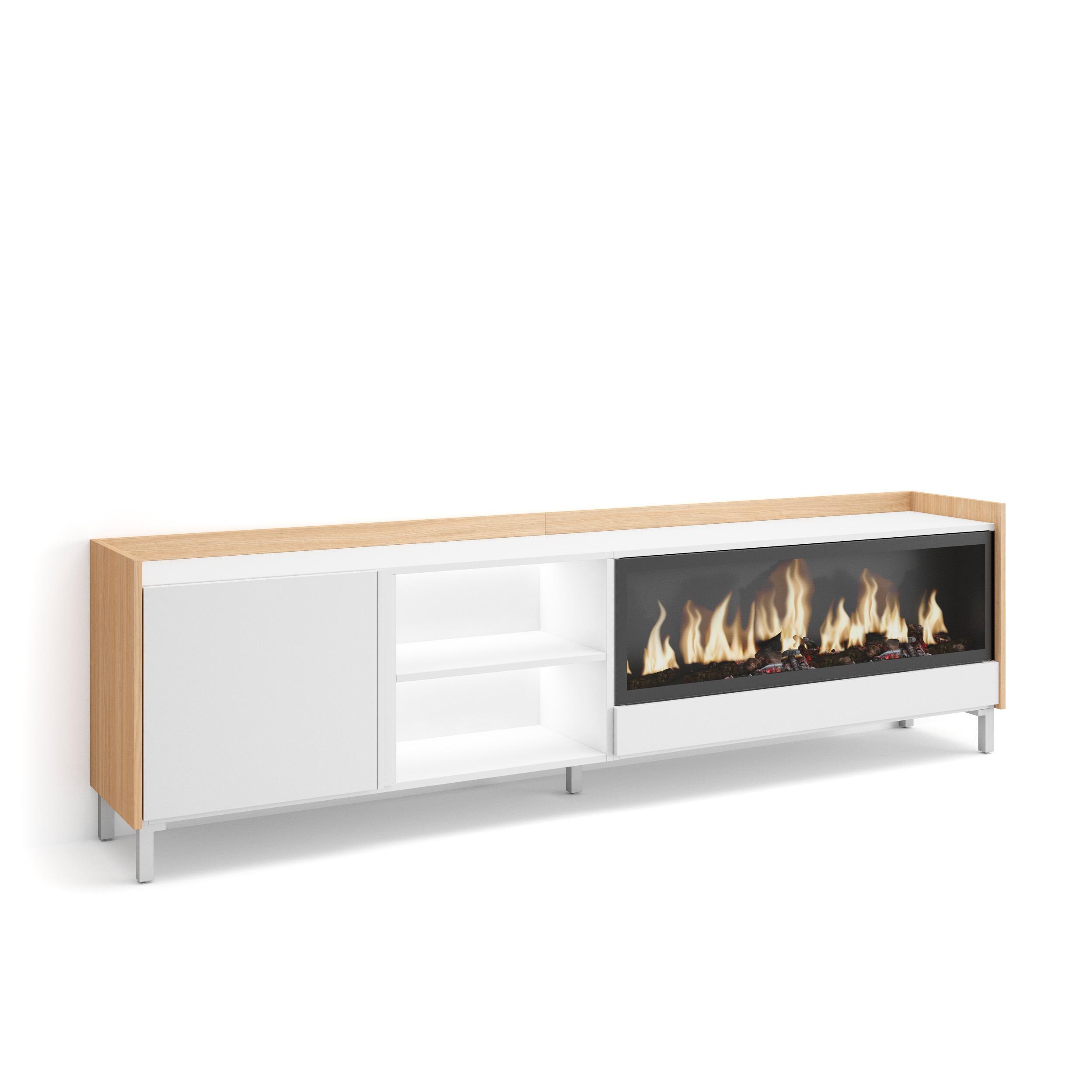 LOWBOARD, Weiß und Eiche, 212/35/61cm, Kamin mit Feuereffekt XXL - Weiß, Holzwerkstoff (212/61/35cm) - Skraut Home