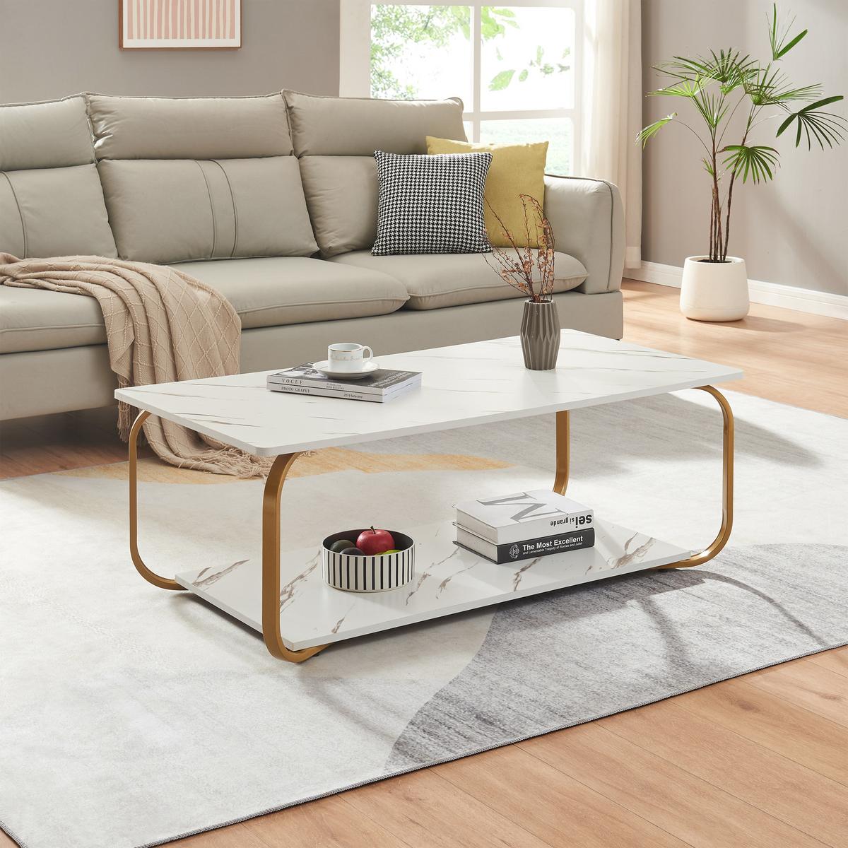 COUCHTISCH Kolta 120/60/43 cm - Goldfarben/Weiß, Holzwerkstoff/Metall (60/120/43cm) - [en.casa]