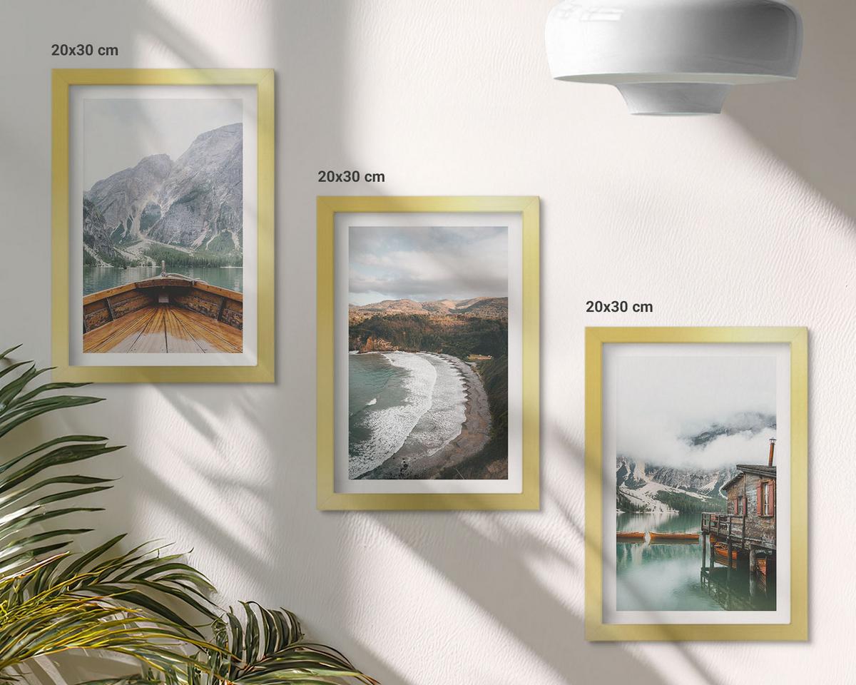 BILDER SET 3er Set - 20x30 cm Goldrahmen - Berge, See, Boot, Strand, Landschaft - Goldfarben, Kunststoff (20/30cm) - TULUP