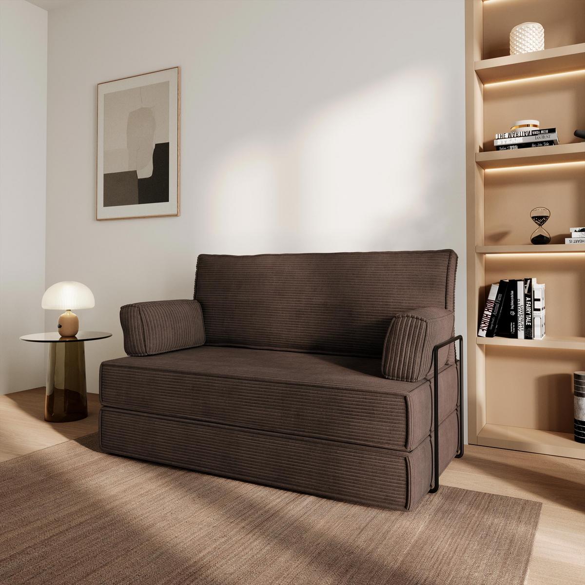 BETTSOFA LADIA aus Schaumstoff Kordstoff Braun Schlaffunktion - Braun, Textil (140/86/60cm) - MASSENO