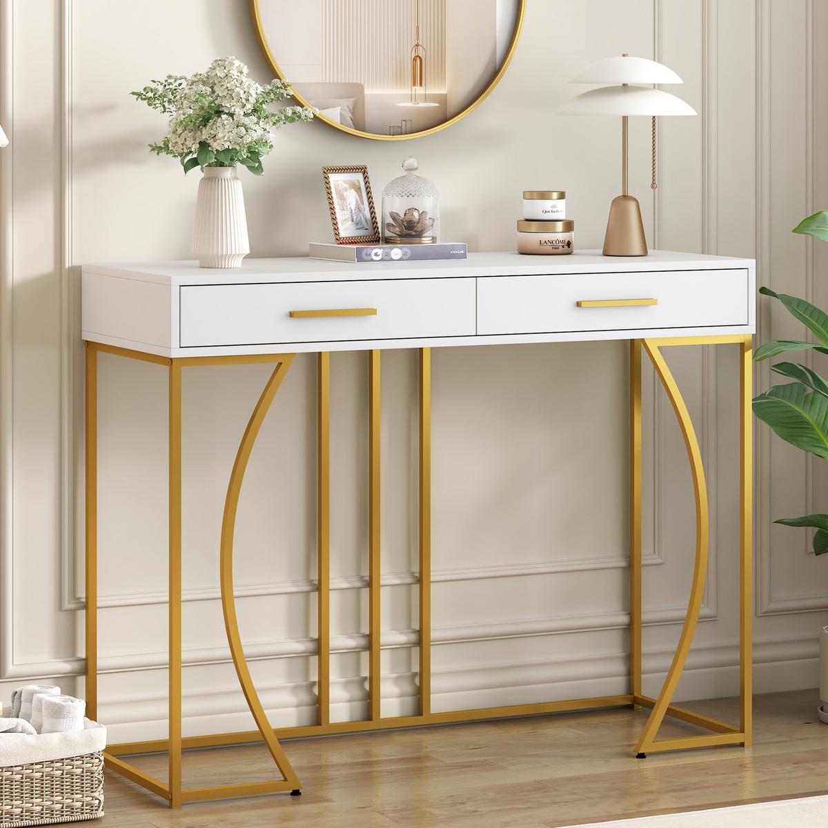 KONSOLENTISCH Golden und Weiß 110/32/85CM - Weiß, Holzwerkstoff/Metall (110/32/85cm) - Urban Meuble