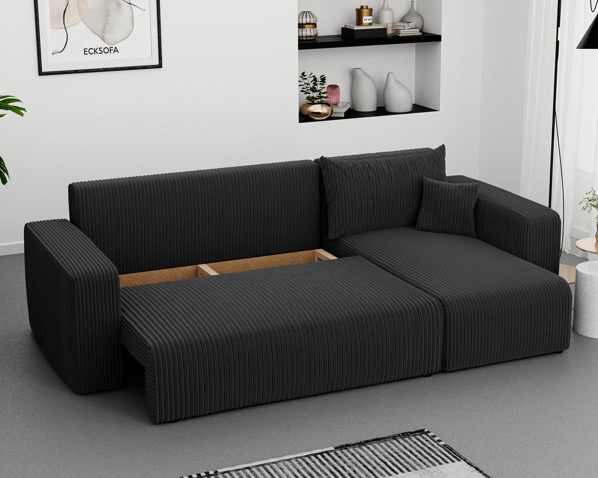 ECKSOFA Schwarz Cord-Stoff mit Bettkasten - Schwarz, Textil (248/145cm) - Idohome