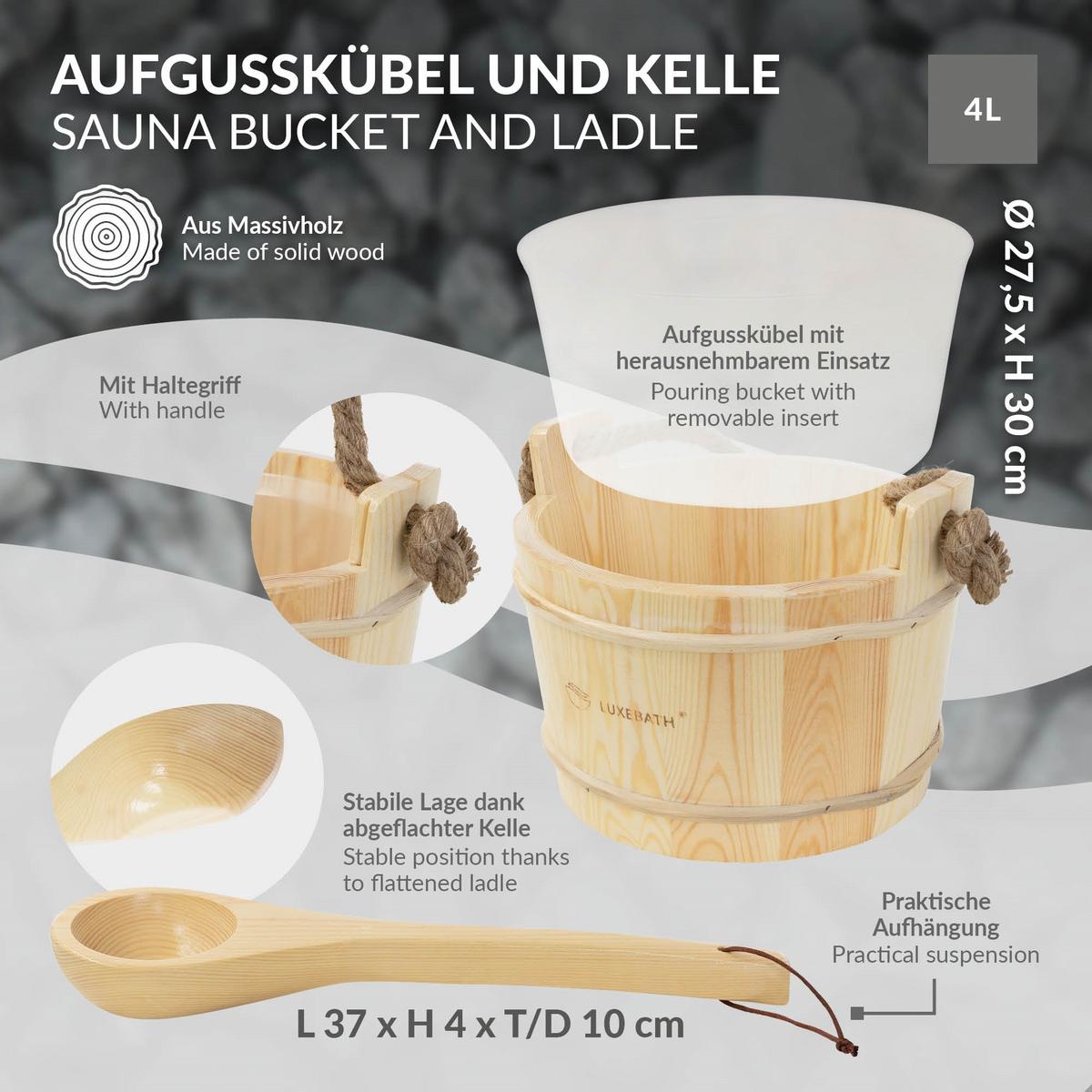 SAUNAZUBEHÖR-SET 4-teilig aus Kiefernholz mit Saunaeimer, Saunakelle, Thermometer-Hygrometer & Sanduhr - Naturfarben, Holz (37/30/27.5cm) - LuxeBath