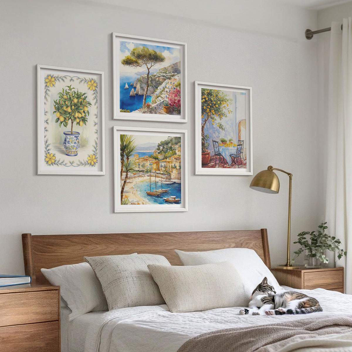 BILDER SET 4er Set - 50x50 cm & 40x60 cm Weißer Rahmen - Blick auf das Meer aus Zitronenbäumen - Weiß, Kunststoff (50/50cm) - TULUP