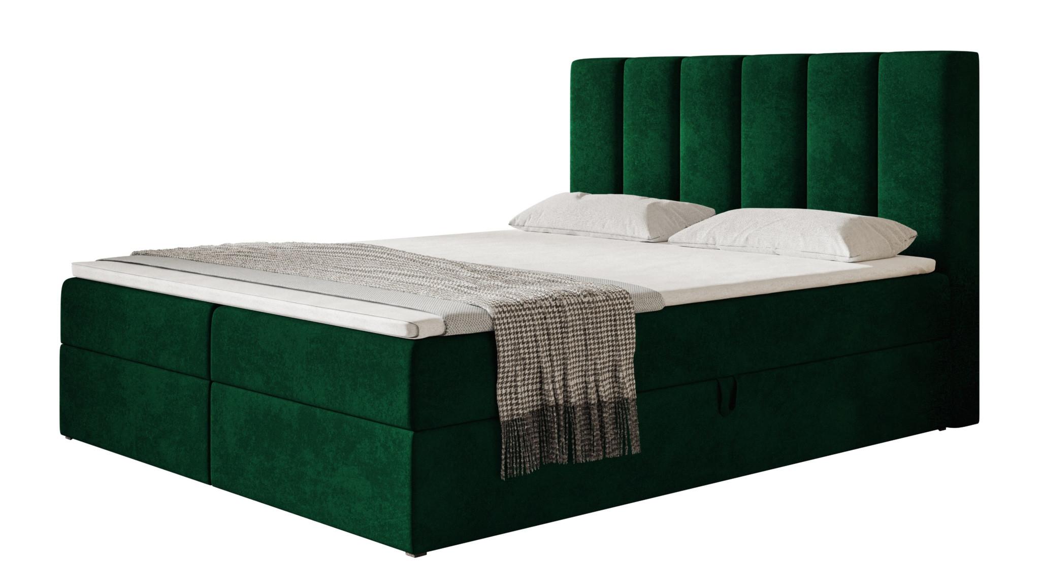 BOXBETT TOKIO mit 2 Bettkästen, 180x200, Farbe: Dunkelgrün, Velourstoff, Doppelbett mit Bonell-Matratze - Dunkelgrün, Holz/Kunststoff (180/200cm) - Alpi-Möbel