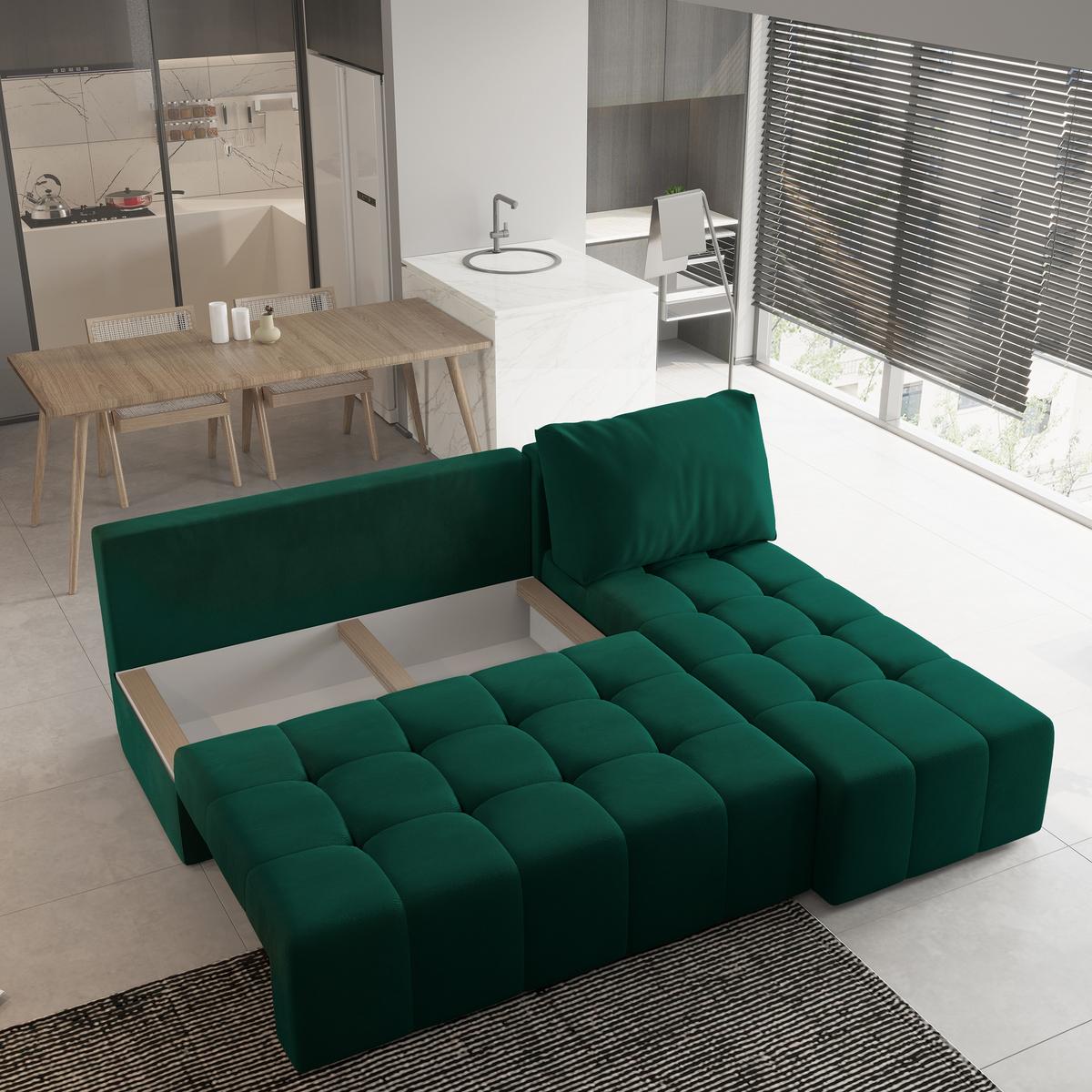 ECKSOFA DOMIRA Grün Plüsch-Stoff mit Schlaffunktion - Grün, Holz (200/141cm) - MASSENO