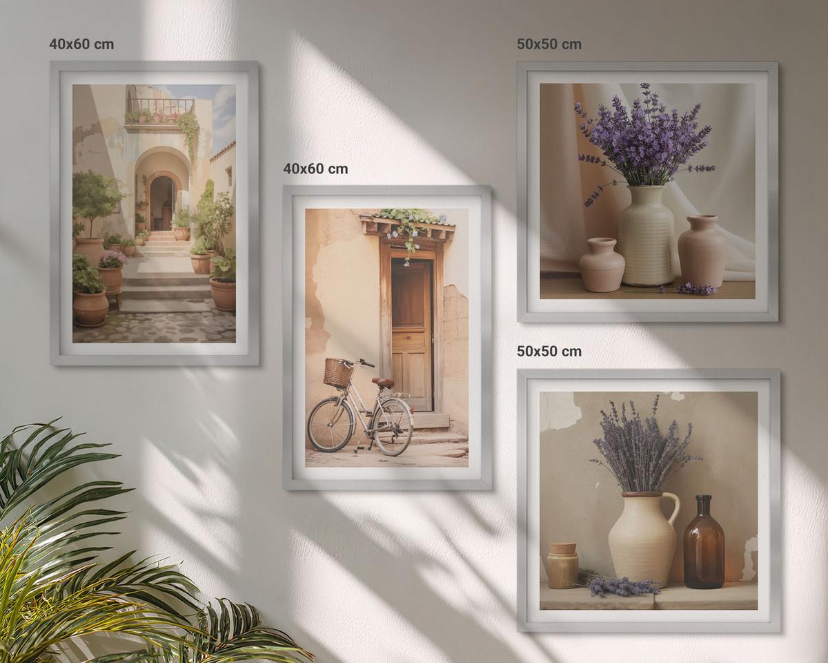 BILDER SET 4er Set - 50x50 cm & 40x60 cm Silberner Rahmen - Lavendelblüten und Architektur - Silberfarben, Kunststoff (50/50cm) - TULUP